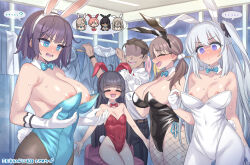 Rule 34 | ..., 1boy, 4girls, ?, akane (blue archive), akane (blue archive) (cosplay), akane (bunny) (blue archive), animal ears, areola slip, asuna (blue archive), asuna (blue archive) (cosplay), asuna (bunny) (blue archive), bare shoulders, black hair, black leotard, blonde hair, blue archive, blue eyes, blue leotard, blunt bangs, blush, bow, bowtie, breasts, breasts out, brown hair, changing room, cleavage, closed eyes, collarbone, commentary request, cosplay, covered navel, detached collar, embarrassed, fake animal ears, fishnets, glasses, gloves, hair bow, hair ribbon, hairband, highleg, indoors, karin (blue archive), karin (blue archive) (cosplay), karin (bunny) (blue archive), large breasts, leotard, long hair, looking at viewer, mimonel, miyako (blue archive), miyu (blue archive), moe (blue archive), multiple girls, neru (blue archive), neru (blue archive) (cosplay), neru (bunny) (blue archive), nipple slip, nipples, nose blush, one side up, open mouth, oversized breast cup, pantyhose, playboy bunny, rabbit ears, rabbit tail, rain, red leotard, ribbon, saki (blue archive), sensei (blue archive), short hair, sitting, small breasts, smile, strapless, strapless leotard, sweat, tail, twintails, white leotard, white pantyhose, wrist cuffs