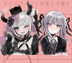 Rule 34 | 2girls, :d, :o, ;d, black crown (object), black gloves, black horns, black jacket, black ribbon, braid, breasts, cleavage, collared shirt, crown, danganronpa, danganronpa (series), danganronpa kirigiri, fingerless gloves, gloves, grey hair, hair ribbon, highres, horns, jacket, kirigiri kyoko, large breasts, master detective archives: rain code, multiple girls, naruse (nal1525), one eye closed, open mouth, pale skin, purple eyes, ribbon, shinigami (rain code), shirt, smile, teeth, translation request, twin braids, twintails, upper teeth only, white shirt