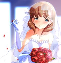 Rule 34 | 1girl, arm up, bare shoulders, blue eyes, blush, bouquet, breasts, bridal veil, brown hair, closed mouth, dress, earrings, elbow gloves, flower, gloves, hairband, highres, holding, holding bouquet, idolmaster, idolmaster cinderella girls, jewelry, looking at viewer, medium breasts, medium hair, nanananananasea, necklace, pendant, petals, pinky out, red flower, red rose, rose, rose petals, sakuma mayu, smile, solo, sparkle, strapless, strapless dress, stud earrings, tareme, upper body, veil, wedding dress, white dress, white gloves