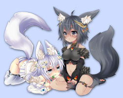 Rule 34 | 2girls, animal ear fluff, animal ears, animal hands, black hair, breasts, brown eyes, clothes lift, clover, crop top, detached sleeves, eyebrows, four-leaf clover, fox ears, fox tail, halterneck, highres, jewelry, large breasts, midriff, mofuaki, mouth hold, multiple girls, navel, no pants, original, panties, photoshop (medium), sitting, skirt, skirt lift, striped clothes, striped panties, tail, thick eyebrows, thighhighs, underwear, white eyes, white hair