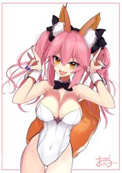 Rule 34 | 1girl, :d, \m/, animal ear fluff, animal ears, bad id, bad pixiv id, bare shoulders, blue nails, bow, bowtie, breasts, cleavage, covered navel, detached collar, fang, fate/extra, fate (series), fox ears, fox girl, fox tail, hair between eyes, highres, leotard, nail polish, nontraditional playboy bunny, ofudou, open mouth, pink hair, playboy bunny, smile, solo, tail, tamamo (fate), tamamo no mae (fate/extra), twintails, wrist cuffs, yellow eyes