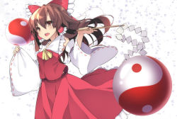 Rule 34 | 1girl, ascot, bow, brown eyes, brown hair, detached sleeves, gohei, hair between eyes, hair bow, hair tubes, hakurei reimu, highres, holding, long hair, looking at viewer, nontraditional miko, open mouth, orb, red bow, red shirt, ribbon-trimmed sleeves, ribbon trim, shide, shirt, simple background, solo, standing, tangusuten, touhou, white background, wide sleeves, yellow ascot, yin yang, yin yang orb