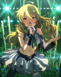 Rule 34 | 10s, 1girl, ahoge, artist request, bare shoulders, blonde hair, blush, crop top, earrings, fingerless gloves, gloves, green eyes, hoshii miki, idolmaster, idolmaster (classic), idolmaster million live!, jewelry, long hair, looking at viewer, microphone, midriff, navel, official art, open mouth, skirt, solo, wireless