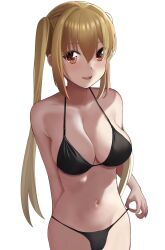 Rule 34 | 1girl, :d, arihara nanami, arm at side, armpit crease, bare shoulders, bikini, bikini bottom pull, black bikini, blonde hair, blush, breasts, cleavage, collarbone, commentary request, cowboy shot, curvy, eyelashes, hair between eyes, halterneck, highres, large breasts, long hair, looking at viewer, navel, open mouth, pulled by self, red eyes, riddle joker, seductive smile, sidelighting, simple background, smile, solo, standing, straight hair, swimsuit, tft (tft7822), thighhighs, twintails, very long hair, white background