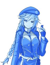Rule 34 | 1girl, belt, beret, between breasts, blue theme, braid, breasts, cleavage, cleavage cutout, clothing cutout, commentary request, condom, condom wrapper, girls&#039; frontline, gloves, hair between eyes, hair ornament, hat, highres, holding, holding condom, jacket, large breasts, long braid, long hair, looking at viewer, medium breasts, monochrome, necktie, necktie between breasts, ots-12 (girls&#039; frontline), sate, seductive smile, simple background, smile, solo, star-shaped pupils, star (symbol), star hair ornament, symbol-shaped pupils, twin braids, twintails, upper body, white background