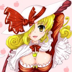 Rule 34 | 1girl, apple, blonde hair, blush, bow, breasts, cleavage, cosplay, elly (touhou), elly (touhou) (cosplay), female focus, food, fruit, hat, highres, jewelry, kado, necklace, open mouth, solo, touhou, touhou (pc-98), yellow eyes