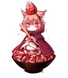 Rule 34 | 1girl, :q, blonde hair, blush, bowl, bracelet, brown eyes, cape, chibi, earmuffs, food, food on head, fruit, fruit on head, full body, highres, jewelry, knees together feet apart, looking at viewer, object on head, pointy hair, ritual baton, shirt, short hair, simple background, sitting, sleeveless, sleeveless shirt, solo, sparkle, strawberry, tis (shan0x0shan), tongue, tongue out, touhou, toyosatomimi no miko, wariza, white background