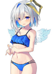 1girl absurdres amane_kanata aqua_wings asymmetrical_hair bare_arms bare_shoulders bikini blue_bikini blue_eyes blue_hair blush breasts collarbone colored_inner_hair cowboy_shot embarrassed feathered_wings frilled_bikini frills gradient_wings grey_hair groin hair_over_one_eye halo highres hololive index_fingers_together kisara_mikami looking_at_viewer medium_hair mini_wings multi-strapped_bikini_bottom multicolored_eyes multicolored_hair multicolored_wings navel open_mouth own_hands_together parted_bangs pink_eyes simple_background single_hair_intake small_breasts solo standing star_halo streaked_hair swimsuit virtual_youtuber white_background white_wings wings yellow_halo