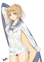 Rule 34 | 1girl, arm up, asurada yui, bikini, blonde hair, blue bow, bow, braid, collared shirt, cowboy shot, fate/grand order, fate (series), green eyes, grey sailor collar, hair ornament, hair scrunchie, holding, holding behind back, leaning to the side, long hair, long sleeves, looking at viewer, mordred (fate), mordred (fate) (all), mordred (fate/apocrypha), mordred (swimsuit rider) (fate), mordred (swimsuit rider) (second ascension) (fate), ponytail, red bikini, red scrunchie, sailor collar, scrunchie, see-through, shirt, signature, simple background, solo, standing, surfboard, swimsuit, wet, wet clothes, wet shirt, white background, white shirt