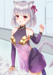 Rule 34 | 1girl, animal ears, armlet, armor, bare shoulders, bikini armor, blush, bracelet, breasts, cat ears, cat girl, cat tail, collar, detached sleeves, dress, earrings, fate/grand order, fate (series), floral print, hair ribbon, highres, jewelry, kama (fate), kama (first ascension) (fate), looking at viewer, metal collar, miniskirt, open mouth, pelvic curtain, purple dress, purple skirt, purple sleeves, purple thighhighs, red eyes, ribbon, ring, ripi ur, short hair, silver hair, skirt, small breasts, solo, tail, thighhighs, thighlet, thighs