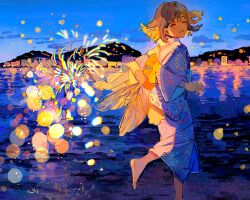 Rule 34 | 1girl, bare shoulders, blue eyes, blush, brown hair, buchi (qooo003), city, cloud, cropped, fireworks, hair between eyes, happy, highres, holding, holding fireworks, japanese clothes, kimono, long sleeves, looking at viewer, open mouth, original, running, sidelocks, sky, smile, traditional clothes, water