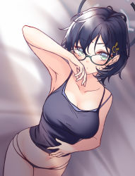 Rule 34 | 1girl, black panties, blue archive, blush, breasts, chihiro (blue archive), collarbone, glasses, green eyes, hair ornament, hairclip, halo, hand on own stomach, highres, looking at viewer, midorino eni, panties, rabbit hair ornament, short hair, underwear