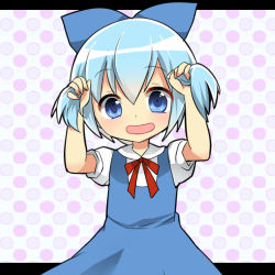 Rule 34 | 1girl, :d, blue eyes, blue hair, blush, bow, bunching hair, child, cirno, hair bow, highres, letterboxed, looking at viewer, matching hair/eyes, no wings, ochazuke, open mouth, short hair, smile, solo, touhou, upper body
