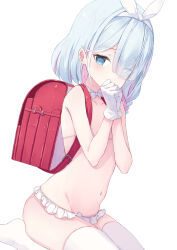 1girl arona_(blue_archive) backpack bag bare_arms bare_shoulders bikini blue_archive blue_eyes blue_hair closed_mouth colored_inner_hair commentary commentary_request flat_chest from_side gloves hair_over_one_eye highres light_blush looking_at_viewer medium_hair micro_bikini multicolored_hair navel pink_hair randoseru simple_background sitting solo stomach swimsuit thighhighs usamiusamimii white_background white_gloves white_thighhighs