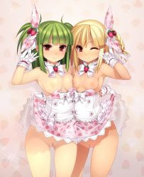 Rule 34 | 2girls, 3:, ;), arm behind back, assisted exposure, asymmetrical docking, bare shoulders, beatmania, beatmania iidx, blonde hair, blunt bangs, blush, bottomless, bow, braid, breast press, breasts, buttons, cleft of venus, clothes lift, clothes pull, detached collar, dress, dress lift, dress pull, flashing, food-themed hair ornament, food print, gloves, gluteal fold, green hair, hair ornament, highres, hishimiya tsugaru, kinoshita ichi, looking at viewer, matching outfits, multiple girls, nipples, no bra, one eye closed, pink dress, print dress, pussy, red eyes, short dress, side-by-side, side braid, small breasts, smile, sparkle, strapless, strapless dress, strawberry background, strawberry hair ornament, strawberry print, third-party edit, two side up, uncensored, undressing, v, white gloves, xiatian (beatmania iidx), yuri