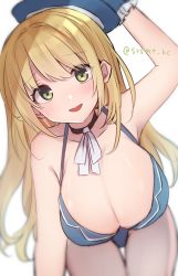 Rule 34 | 1girl, atago (kancolle), bad anatomy, bad arm, beret, blonde hair, blue hat, blurry, blush, breasts, cleavage, collarbone, cowboy shot, depth of field, green eyes, hat, highres, kantai collection, large breasts, long hair, looking at viewer, one-hour drawing challenge, open mouth, shirasumato, simple background, solo, twitter username, white background