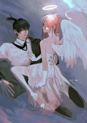 Rule 34 | 2boys, angel, angel devil (chainsaw man), angel wings, beach, black jacket, black necktie, black pants, blue eyes, chainsaw man, collared shirt, crossdressing, dress, earrings, feathered wings, formal, gloves, glowing, hair bun, halo, hayakawa aki, high heels, highres, in water, jacket, jewelry, looking at viewer, multiple boys, necktie, on ground, pants, partially undressed, penguin jun, pink eyes, pink hair, shirt, single hair bun, single sidelock, sitting, sitting on person, strapless, stud earrings, suit, thighhighs, topknot, trap, water, white dress, white gloves, white shirt, white thighhighs, white wings, wings, yaoi