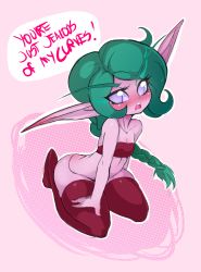 Rule 34 | 1girl, blush, english text, female focus, full body, green hair, open mouth, original, pointy ears, purple eyes, red thighhighs, slugbox, solo, source request, teeth, text focus, thighhighs, thighs