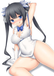 Rule 34 | 1girl, :q, arm behind head, arm support, armpits, black hair, blue bow, blue bowtie, blue eyes, bow, bowtie, breasts, cleavage, covered navel, dress, dungeon ni deai wo motomeru no wa machigatteiru darou ka, gloves, hair ribbon, hestia (danmachi), large breasts, looking at viewer, panties, rei no himo, ribbon, short dress, simple background, solo, thighs, tongue, tongue out, toshishikisai, twintails, underwear, white background, white dress, white gloves, white panties, white ribbon
