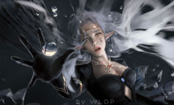 Rule 34 | 1girl, breasts, brown eyes, circlet, city, cleavage, constricted pupils, elf, facial mark, falling, gloves, highres, jewelry, long hair, necklace, open mouth, original, pointy ears, reflection, silver hair, solo, tears, wlop
