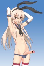 Rule 34 | 10s, 1boy, armpits, arms behind head, arms up, bar censor, bikini, blonde hair, blush, censored, commentary request, cowboy shot, elbow gloves, foreskin, genderswap, genderswap (ftm), gloves, grey eyes, hair ribbon, hairband, highres, kantai collection, long hair, looking at viewer, male focus, micro bikini, minazuki juuzou, navel, neckerchief, penis, ribbon, sailor collar, shimakaze-kun, shimakaze (kancolle), smile, solo, striped clothes, striped thighhighs, swimsuit, thighhighs, trap, veins, white gloves