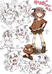 Rule 34 | 4girls, angel wings, anger vein, angry, antenna hair, arms behind back, azu gorilla, basket, blush, body bridge, brown eyes, brown footwear, brown hair, brown shorts, brown skirt, brown socks, camisole, character name, claw pose, clenched hand, closed mouth, collarbone, commentary request, crossed bandaids, dot nose, embarrassed, facing back, fang, fangs, finger in another&#039;s mouth, flying, frilled leotard, frilled skirt, frills, full-face blush, full body, galoomba, gloves, goomba, goomba&#039;s shoe, green poncho, grey camisole, grey undershirt, hair between eyes, hair tie, hand on own hip, hands on floor, highres, holding, holding basket, holding toy, knee blush, large shoes, leotard, looking at another, looking at viewer, looking down, loose socks, mario (series), mini goomba, multiple girls, nintendo, on floor, open mouth, paragoomba, pov, sharp teeth, shoe goomba, shoes, short hair, short twintails, shorts, shoulder blush, shouting, single bare shoulder, sitting, sketch, skin fang, skirt, socks, spoken anger vein, super mario bros. 1, super mario bros. 3, super mario world, sweat, teeth, toy, twintails, variations, white background, winding key, wings