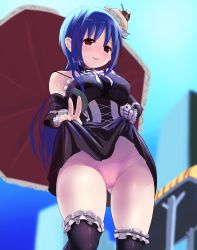 Rule 34 | 1girl, absurdres, black skirt, black thighhighs, blue hair, blurry, blush, breasts, brown eyes, choker, clothes lift, commentary request, corset, cowboy shot, depth of field, detached sleeves, frilled choker, frilled thighhighs, frills, hair between eyes, hat, highres, holding, holding umbrella, lifted by self, long hair, long sleeves, medium breasts, meet me, mini hat, onakon 3-nichi-me, open mouth, over-kneehighs, panties, pink panties, sidelocks, skirt, skirt lift, smile, solo, standing, thighhighs, umbrella, underwear, v