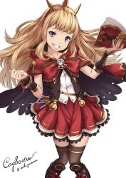 Rule 34 | 10s, 1girl, artist name, blonde hair, blush, book, cagliostro (granblue fantasy), character name, clenched teeth, crown, granblue fantasy, long hair, looking at viewer, purple eyes, red skirt, sakiyamama, simple background, skirt, smile, solo, teeth, thighhighs, twitter username, white background