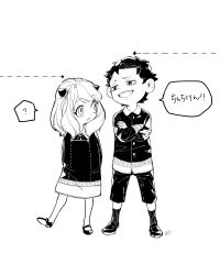 Rule 34 | 1boy, 1girl, ?, anya (spy x family), arms behind back, arrow (symbol), awarinko, child, collared shirt, damian desmond, dotted line, dress, eden academy school uniform, eye contact, fake horns, frown, greyscale, hair ornament, height conscious, height difference, highres, horns, jacket, kneehighs, legs apart, long sleeves, looking at another, looking away, looking down, looking to the side, looking up, medium hair, monochrome, neck ribbon, pantyhose, pinafore dress, ribbon, school uniform, shirt, shoe soles, shoes, short hair, shorts, side-by-side, simple background, sleeveless, sleeveless dress, smug, socks, spoken question mark, spy x family, standing, standing on one leg