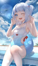 Rule 34 | 1girl, absurdres, alternate costume, blue eyes, blue hair, blue nails, blue sky, breasts, cloud, commentary, day, english commentary, fins, fish tail, gawr gura, hair ornament, highres, hololive, hololive english, medium hair, multicolored hair, nail polish, one-piece swimsuit, one eye closed, open mouth, outdoors, pool, poolside, shark girl, shark hair ornament, shark tail, sharp teeth, sky, small breasts, solo, streaked hair, swimsuit, tail, teeth, virtual youtuber, yuenillus