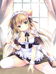 Rule 34 | 1girl, animal ear fluff, animal ears, apron, black dress, black ribbon, blush, breasts, brown hair, closed mouth, collar, commentary request, curtains, detached collar, dog ears, dog girl, dog tail, dress, fingernails, frilled apron, frills, green eyes, hair between eyes, hair ribbon, head tilt, long hair, maid, maid headdress, medium breasts, neck ribbon, nipples, one breast out, original, panties, puffy short sleeves, puffy sleeves, ribbon, shirogane hina, short sleeves, side-tie panties, smile, solo, spread legs, tail, thighhighs, tile floor, tiles, underwear, untied panties, very long hair, waist apron, white apron, white collar, white panties, white thighhighs, window, wrist cuffs