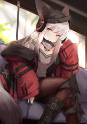 Rule 34 | 1girl, animal ear fluff, animal ears, arknights, bare shoulders, black pantyhose, boots, breasts, closed mouth, couch, frostleaf (arknights), grey shirt, hat, headphones, highres, implied extra ears, jacket, kashiyarrm, material growth, medium hair, open clothes, open jacket, oripathy lesion (arknights), pantyhose, red eyes, red jacket, shirt, sitting, small breasts, solo, white hair, window