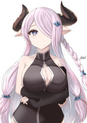 Rule 34 | 1girl, absurdres, asymmetrical gloves, bare shoulders, black gloves, blue eyes, blush, braid, breasts, cleavage, cleavage cutout, clothing cutout, commentary request, draph, elbow gloves, gloves, granblue fantasy, hair ornament, hair over one eye, highres, horns, large breasts, light purple hair, long hair, looking at viewer, low tied hair, narmaya (granblue fantasy), pointy ears, sato art, simple background, single braid, sleeveless, smile, solo, uneven gloves, upper body, very long hair, white background