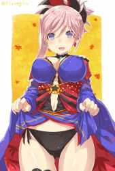 Rule 34 | 1girl, asymmetrical hair, backlighting, blush, bow, bow panties, breasts, cleavage, clothes lift, earrings, fate/grand order, fate (series), floral print, hair ornament, japanese clothes, jewelry, kimono, long sleeves, looking at viewer, magatama, miyamoto musashi (fate), miyamoto musashi (third ascension) (fate), navel, open mouth, panties, pantyshot, pink hair, ponytail, purple eyes, ribbon, sash, skirt, skirt lift, smile, solo, standing, thighhighs, torimaru, underwear