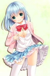 Rule 34 | 1girl, areola slip, bad id, bad pixiv id, barefoot, blue hair, blush, bow, bow panties, bowtie, breasts, cleavage, clothes lift, green hair, irori, large breasts, long sleeves, no bra, open clothes, open shirt, original, panties, shirt, short hair, simple background, skirt, skirt lift, solo, striped clothes, striped panties, thighhighs, underwear, upskirt, white panties