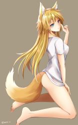 Rule 34 | 1girl, animal ear fluff, animal ears, bare legs, barefoot, blonde hair, blouse, blue eyes, bottomless, breasts, brown background, commentary request, fox ears, fox girl, fox tail, from side, full body, highres, horon&#039;a, kneeling, long hair, medium breasts, monochrome background, naked shirt, original, shirt, short sleeves, simple background, smile, solo, split mouth, tail, white shirt