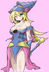 Rule 34 | 1girl, bare shoulders, blonde hair, blue eyes, blush, breasts, cleavage, dark magician girl, duel monster, hand on arm, hat, highres, holding, holding staff, one eye closed, pink background, staff, standing, thighs, white-stew, wink, wizard hat, yu-gi-oh!