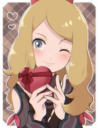 Rule 34 | 1girl, blush, border, box, brown dress, closed mouth, commentary request, creatures (company), dress, eyelashes, game freak, gift, gift box, grey eyes, hair ornament, hands up, heart, highres, holding, light brown hair, long sleeves, nail polish, nakikot t, nintendo, official alternate costume, one eye closed, outline, outside border, pink nails, pokemon, pokemon masters ex, serena (palentine&#039;s 2021) (pokemon), serena (pokemon), smile, solo, white border