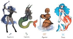 Rule 34 | 4girls, absurdres, aquarius (symbol), aquarius (zodiac), arm up, armpits, artist name, black skin, blue hair, bow (weapon), capricorn (symbol), capricorn (zodiac), colored sclera, colored skin, commentary, dark blue hair, doll joints, english commentary, fins, floating, full body, goat horns, grey skin, head fins, highres, holding, holding bow (weapon), holding weapon, hooves, horizontal pupils, horns, joints, long hair, looking at viewer, low-tied long hair, matilda fiship, mermaid, monster girl, multiple girls, original, pisces (symbol), pisces (zodiac), red sclera, sagittarius (symbol), sagittarius (zodiac), scales, simple background, sitting, standing, starfish, vase, water, weapon, white background, white skin, yellow sclera, zodiac