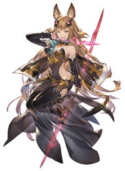 Rule 34 | 1girl, animal ears, bare shoulders, black dress, breasts, brown eyes, brown hair, cleavage, covered navel, dress, erune, full body, granblue fantasy, granblue fantasy versus, hair ornament, holding, holding weapon, lips, long hair, looking at viewer, medium breasts, metera (granblue fantasy), minaba hideo, mole, mole under mouth, nail polish, official art, one eye closed, see-through, simple background, smile, solo, thighhighs, tongue, tongue out, weapon, white background