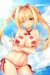 Rule 34 | 1girl, :q, ahoge, bikini, blonde hair, blue sky, blush, breasts, cloud, day, double v, fate/grand order, fate (series), green eyes, hair intakes, halterneck, highres, large breasts, long hair, looking at viewer, navel, nero claudius (fate), nero claudius (fate) (all), nero claudius (fate/extra), nero claudius (swimsuit caster) (fate), ntk (7t5), ocean, partially submerged, side-tie bikini bottom, sky, solo, standing, striped bikini, striped clothes, swimsuit, tongue, tongue out, twintails, v, wading