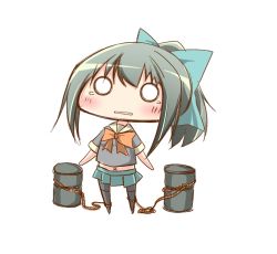 Rule 34 | 10s, 1girl, arms at sides, bad id, bad pixiv id, barrel, blank stare, bow, drum (container), grey hair, hair bow, kantai collection, miniskirt, nanakusa suzuna, pantyhose, pleated skirt, ponytail, school uniform, serafuku, simple background, skirt, solo, tank top, tears, thighhighs, thighhighs over pantyhose, yuubari (kancolle)