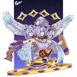 Rule 34 | 1girl, absurdres, alternate costume, amane kanata, angel, angel wings, animal ears, artist name, biblically accurate angel, blue hair, bob cut, book, commentary, commentary request, dress, fangs, halo, head wings, highres, hololive, horns, jewelry, multicolored hair, multiple heads, night, night sky, open mouth, pafutora, purple eyes, scroll, short hair, silver hair, single hair intake, skirt, sky, solo, star (sky), star halo, streaked hair, t-pose, virtual youtuber, white dress, wing ears, wings