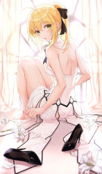 Rule 34 | 1girl, ahoge, artist name, artoria pendragon (all), artoria pendragon (fate), backless dress, backless outfit, backlighting, bare arms, bare back, bare legs, bare shoulders, barefoot, black footwear, black ribbon, blonde hair, blurry, blush, breasts, commentary request, curtains, day, depth of field, dress, fate/grand order, fate (series), feet, flower, from behind, green eyes, hair between eyes, hair ribbon, high heels, highres, indoors, knees up, lily (flower), long hair, looking at viewer, looking back, medium breasts, neck ribbon, parted lips, patent heels, ponytail, pumps, ribbon, saber lily, shoes, unworn shoes, sidelocks, sitting, solo, soyubee, stiletto heels, thighs, turtleneck, white dress, white flower, window