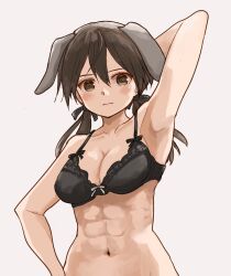 Rule 34 | 1girl, arm up, armpits, black bra, bra, breasts, brown eyes, brown hair, embarrassed, gertrud barkhorn, highres, lingerie, looking at viewer, murayama kei, sketch, solo, stomach, strike witches, underwear, world witches series