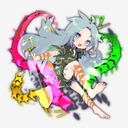 Rule 34 | 1girl, arm ribbon, arms up, ayahi 4, bad id, bad twitter id, barefoot, black shirt, black shorts, black sleeves, bow, chibi, eyes visible through hair, green background, grey eyes, grey hair, hands up, highres, himemushi momoyo, leg ribbon, long hair, looking at viewer, multicolored background, open clothes, open mouth, open shirt, orange bow, orange ribbon, pink background, red background, ribbon, shadow, shirt, short sleeves, shorts, smile, solo, t-shirt, touhou, weapon, white background, yellow background