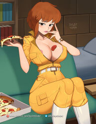 Rule 34 | 1girl, april o&#039;neil, areola slip, artist name, barleyshake, belt, black eyes, bookshelf, boots, breasts, brown hair, cleavage, couch, covered erect nipples, finger in own mouth, food, highres, indoors, jumpsuit, large breasts, pizza, pizza slice, sitting, solo, teenage mutant ninja turtles, twitter logo, watch, white footwear, wristwatch, yellow jumpsuit