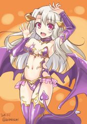 Rule 34 | 1girl, 2015, aoi masami, armpits, bare shoulders, breasts, cleavage, clothing cutout, cosplay, dated, demon girl, demon horns, demon tail, detached sleeves, fate/grand order, fate/stay night, fate (series), full body, garter straps, heart, heart cutout, horns, illyasviel von einzbern, irisviel von einzbern, irisviel von einzbern (cosplay), irisviel von einzbern (halloween princess), long hair, looking at viewer, low wings, navel, purple thighhighs, red eyes, revealing clothes, silver hair, small breasts, smile, solo, tail, teeth, thighhighs, twitter username, wings