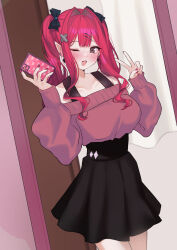 Rule 34 | 1girl, absurdres, baobhan sith (fate), black dress, cellphone, contemporary, cropped sweater, dress, earrings, fang, fate/grand order, fate (series), grey eyes, highres, jewelry, long hair, mikon (nicknqme), one eye closed, phone, pink hair, pink nails, pointy ears, smartphone, twintails, v