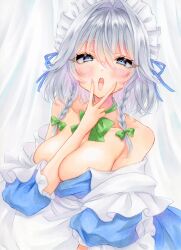 Rule 34 | 1girl, blush, bow, braid, breasts, commentary request, green bow, grey eyes, hair between eyes, hair bow, highres, izayoi sakuya, large breasts, looking at viewer, maid, maid headdress, natsume nadeshiko, open mouth, side braids, solo, touhou, twin braids, upper body, v
